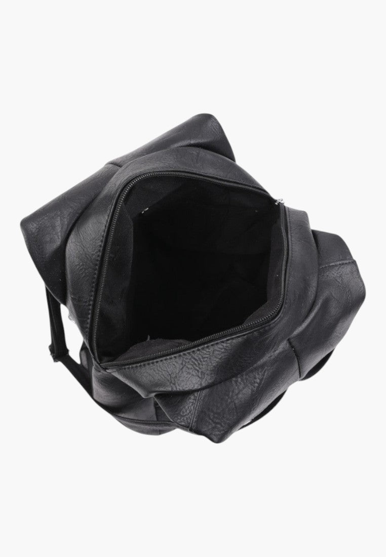 Falio black urban backpack made of eco-leather with a zippered main compartment, top-down view