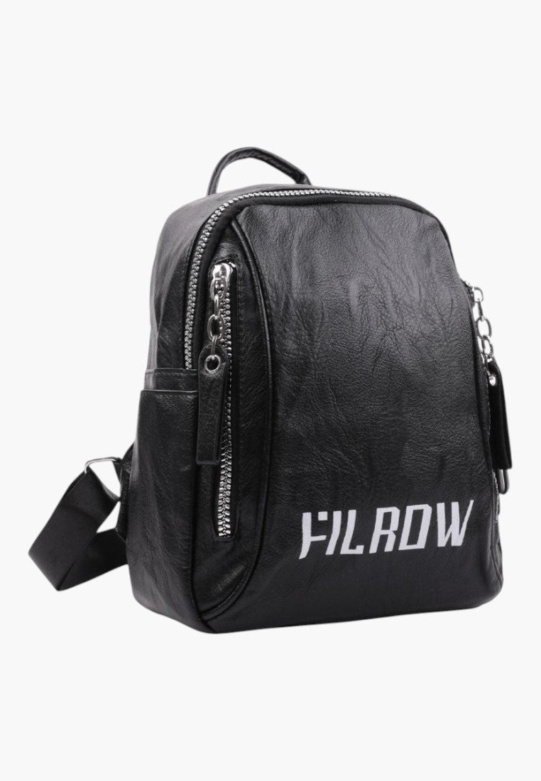 Falio black urban backpack made of eco-leather with silver zippers and white logo print