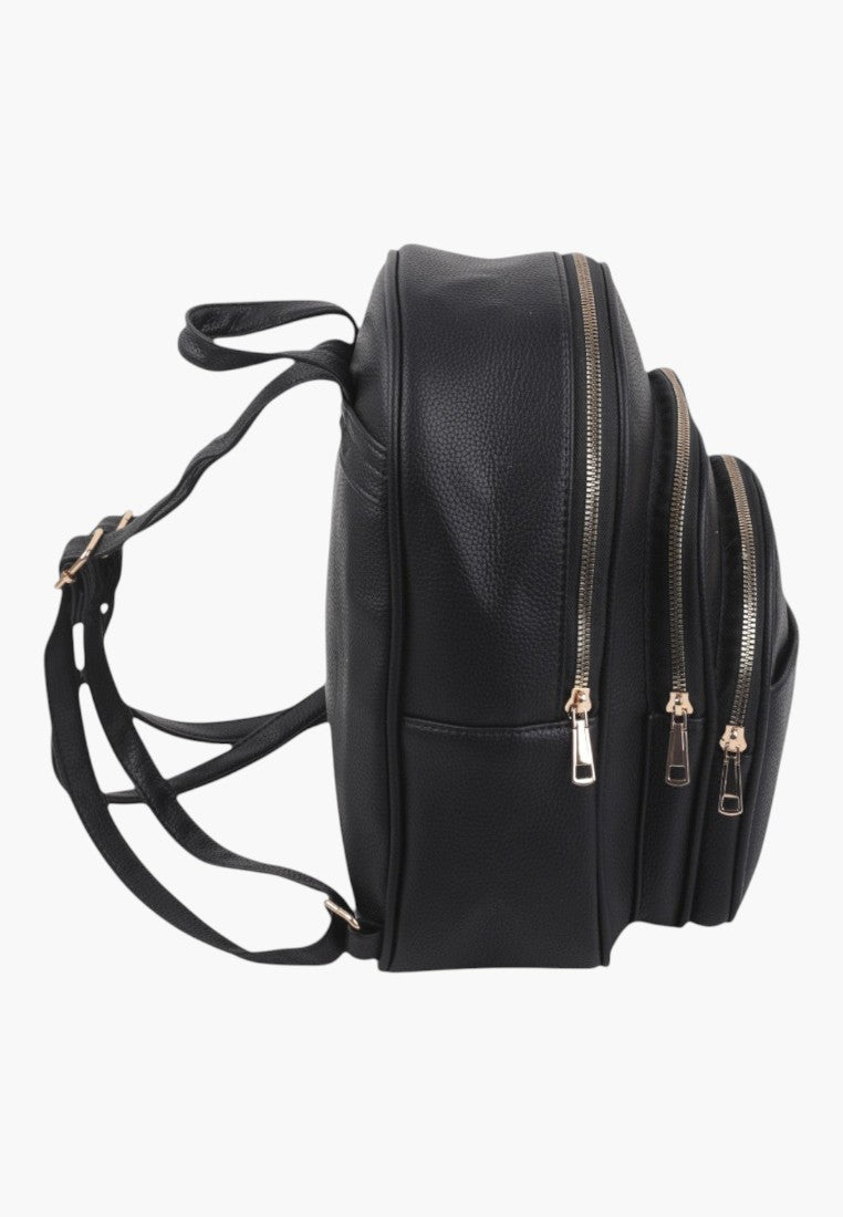 Falio black urban backpack made of eco-leather with multiple zippered compartments, side view.