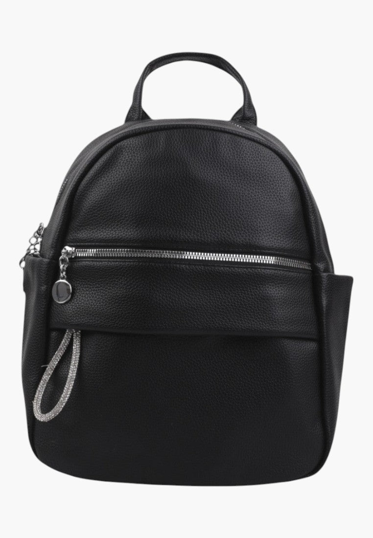 Falio black urban backpack made of eco-leather with a front zipper pocket and silver hardware details