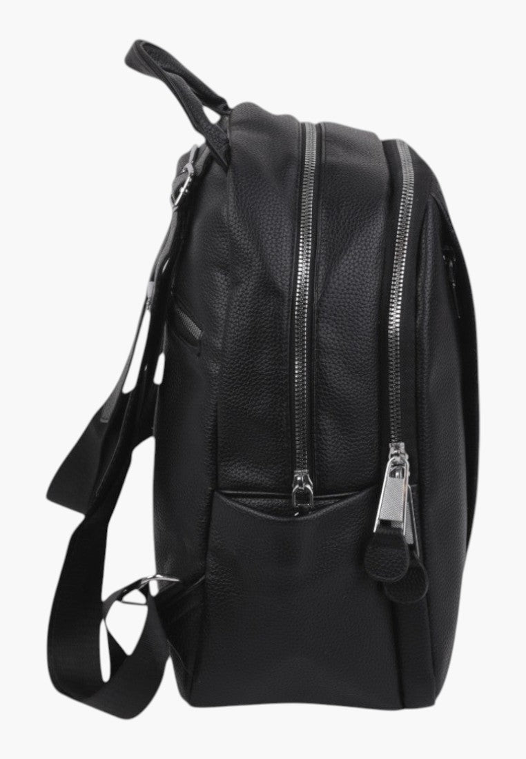 Falio black urban women's backpack made of eco-leather with silver zippers and side view