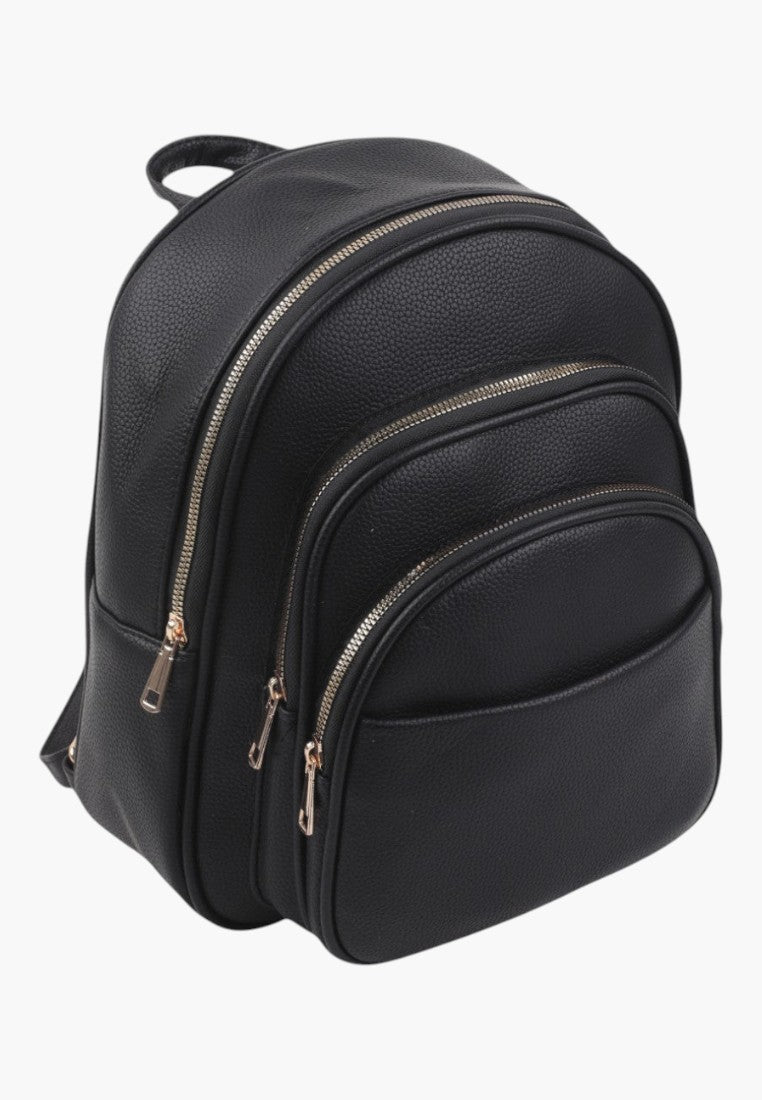 Falio black urban backpack made of eco-leather with multiple zippered compartments and a spacious main interior.