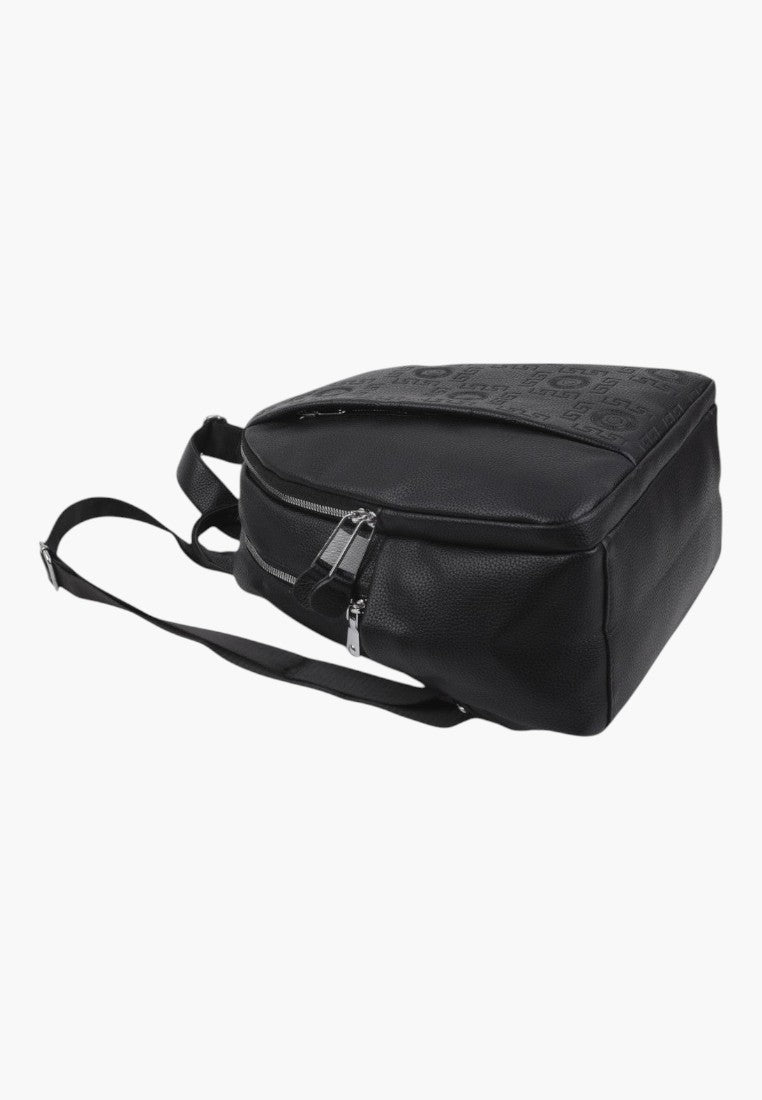 Falio black urban backpack made of eco-leather with a textured logo pattern and silver zippers, side view.