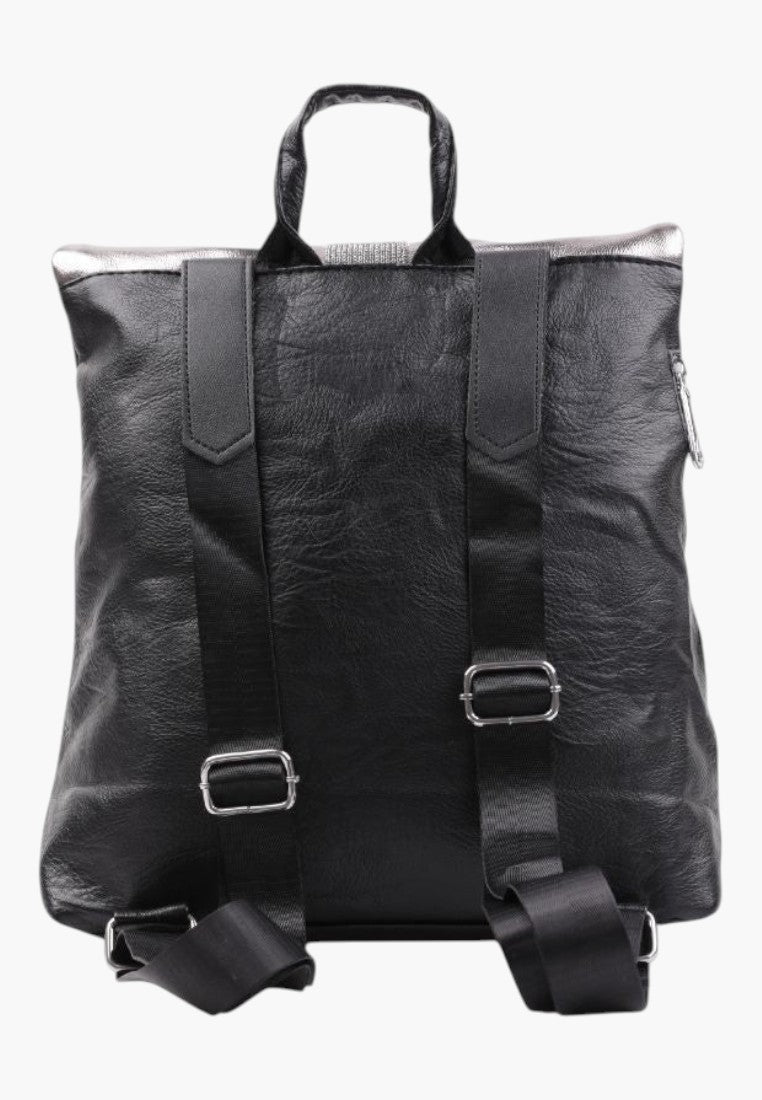 Falio black urban backpack made of eco-leather with adjustable straps and silver accents, back view