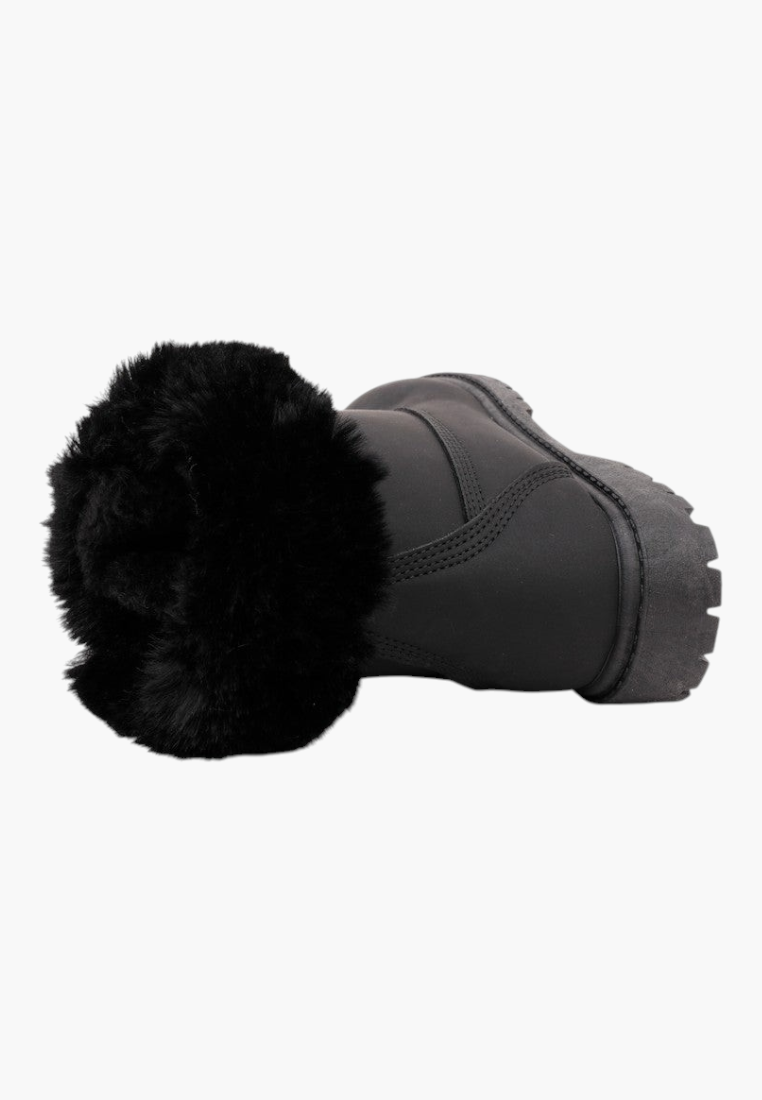 Falio black synthetic nubuck lace-up ankle boots with faux fur trim and flat lug sole