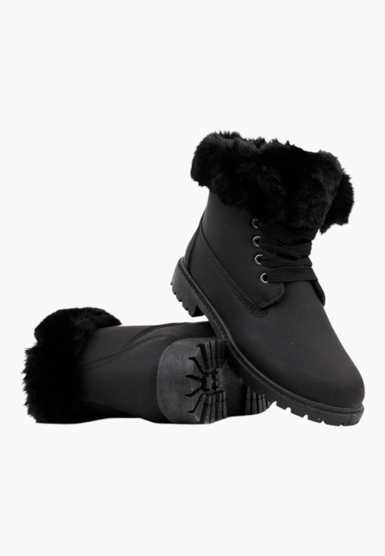 Falio black synthetic nubuck lace-up ankle boots with faux fur lining and cuff on a flat lug sole