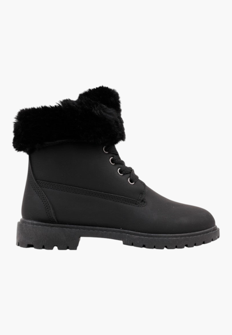 Falio black synthetic nubuck lace-up ankle boots with faux fur lining and trim on a flat lug sole