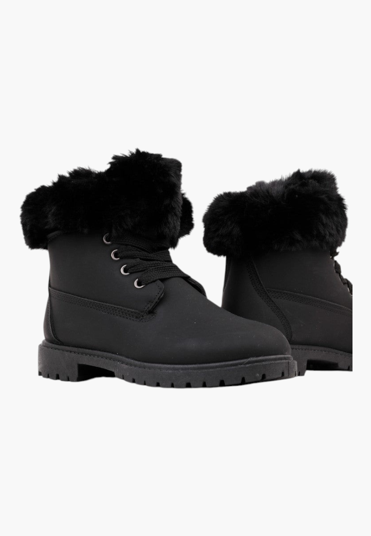 Falio black synthetic nubuck lace-up ankle boots with faux fur trim and flat soles for women