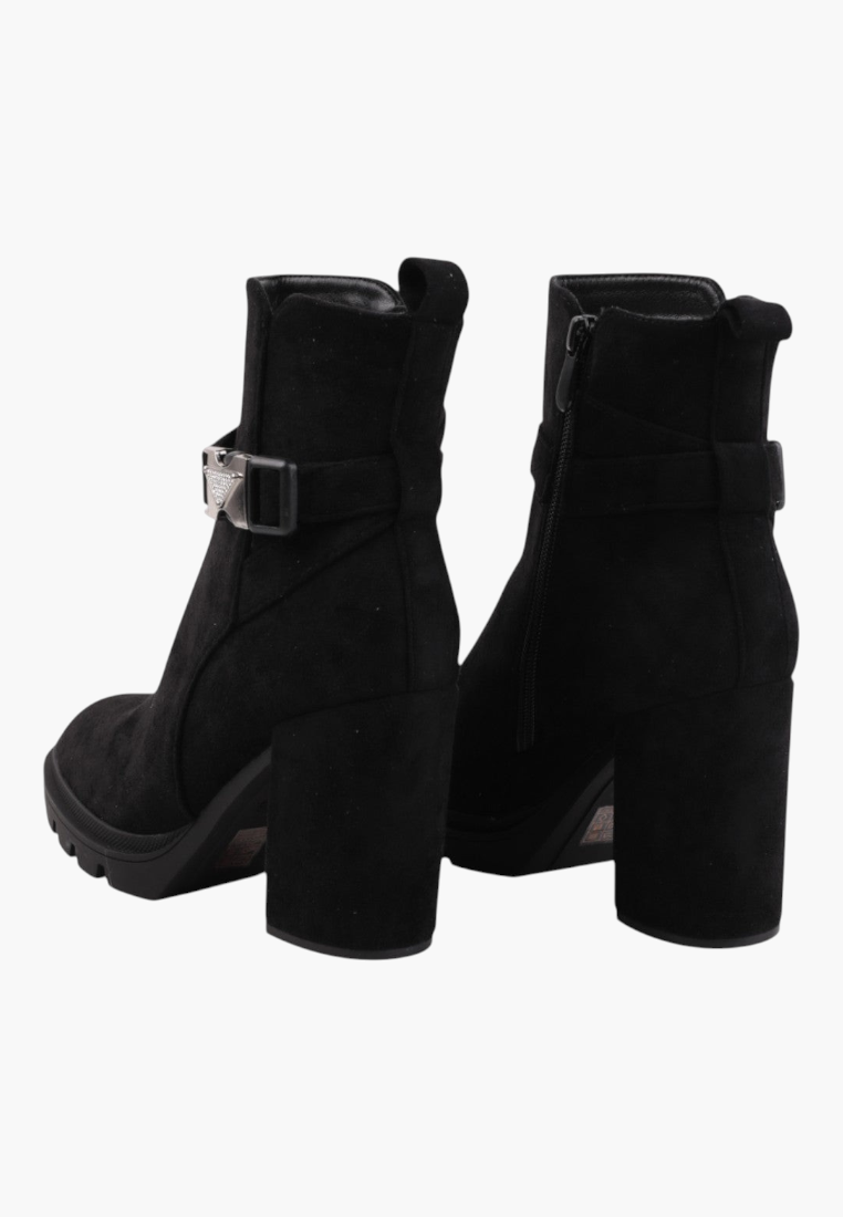 Falio black faux leather ankle boots with block heels, side zippers, and decorative buckle straps, rear view