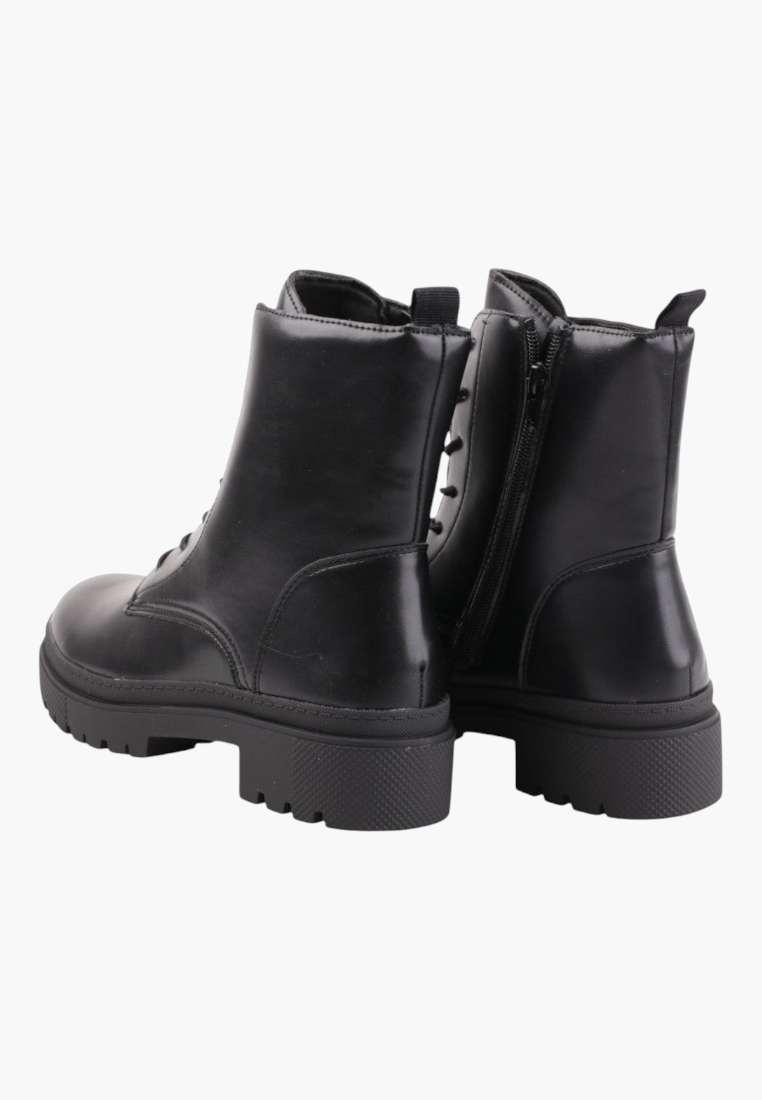Falio black faux leather ankle boots with lace-up front, side zipper, and chunky lug sole, rear view
