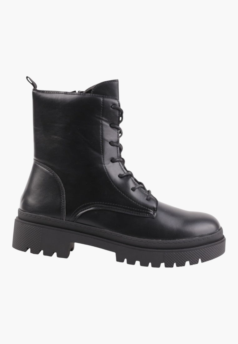 Falio black faux leather ankle boots with lace-up closure and a chunky lug sole for autumn and winter wear.