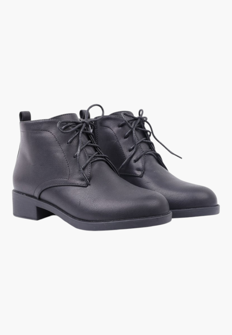 Falio black faux leather lace-up ankle boots with a low square heel and round toe for women.
