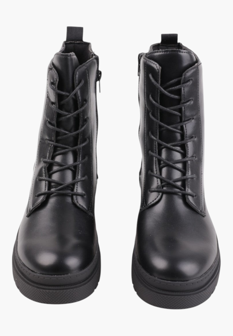 Falio black faux leather lace-up ankle boots with a round toe and side zipper for a stylish autumn and winter look.