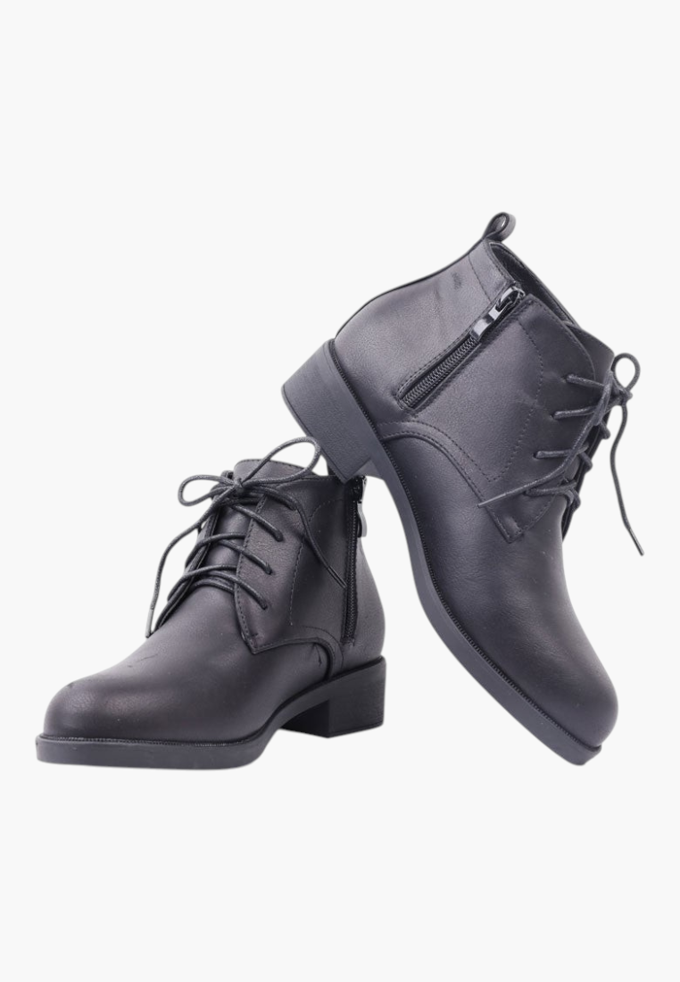 Falio black faux leather ankle boots with lace-up front, side zipper, and low block heel for women.