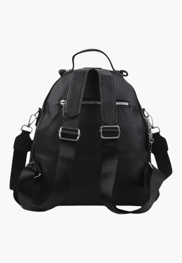 Falio black faux leather urban backpack with adjustable straps and zipper closure, back view