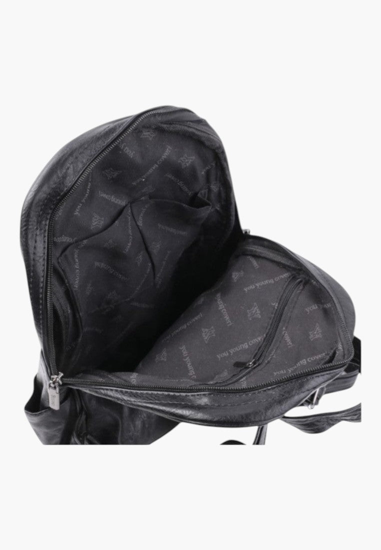 Falio black faux leather urban backpack with open main compartment showing branded interior lining
