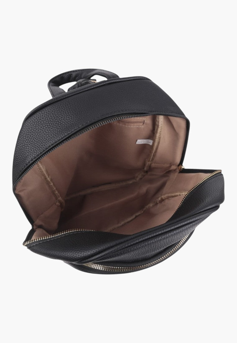 Falio black faux leather urban backpack with open main compartment showing beige interior lining