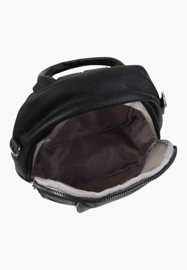 Falio black faux leather urban backpack with open main compartment and zipper closure