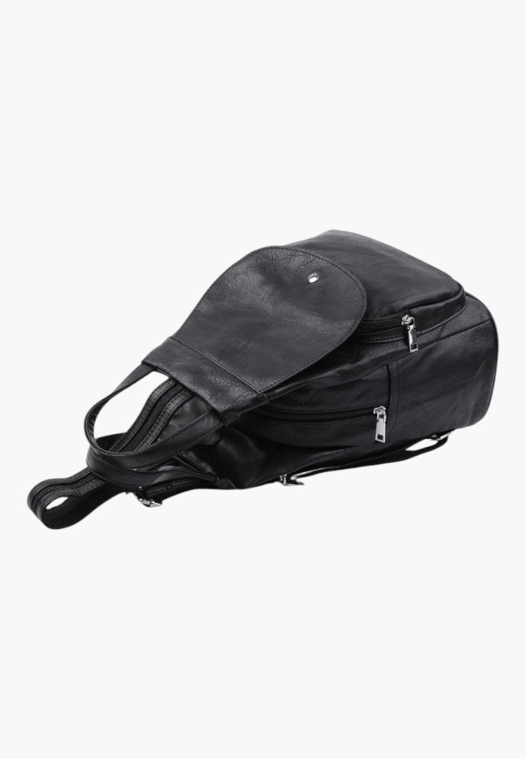 Falio black faux leather urban backpack with multiple zippered pockets and A4 capacity for daily use
