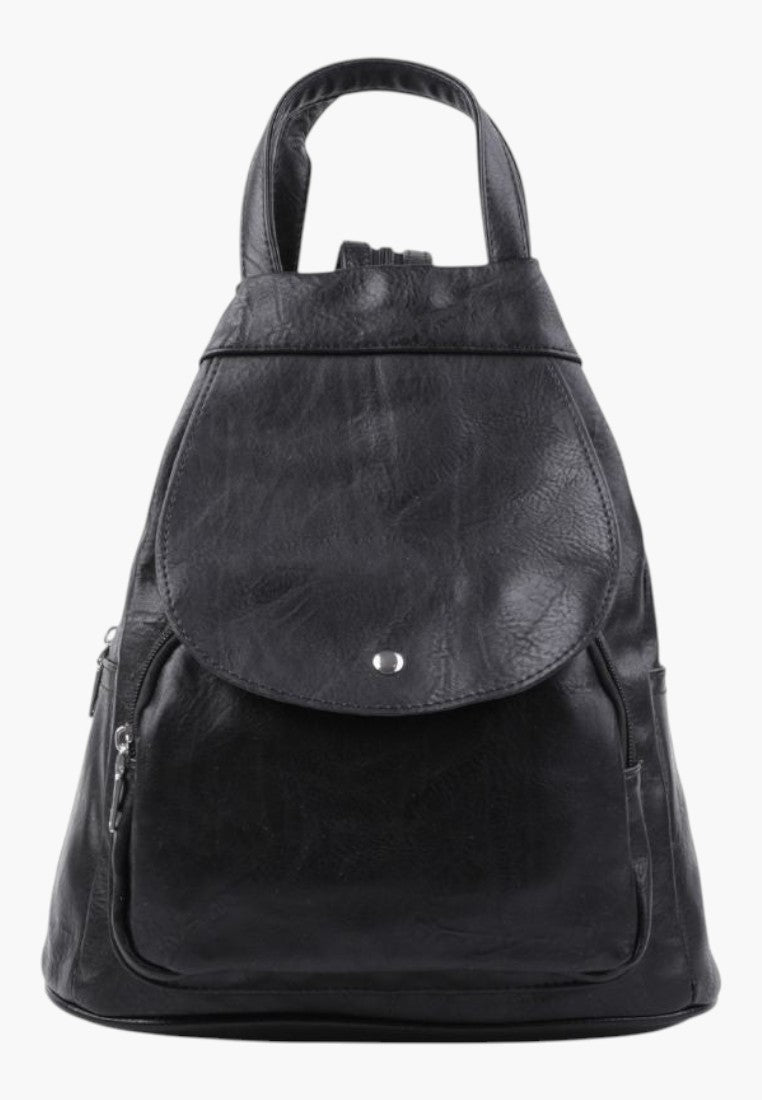 Falio black faux leather urban backpack with A4 capacity, featuring a flap closure and multiple zip pockets.