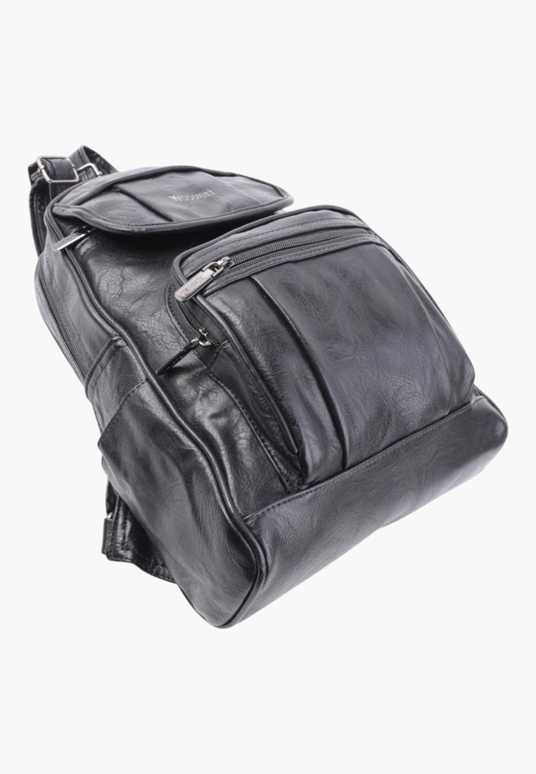 Falio black faux leather urban backpack with multiple zippered pockets and a spacious main compartment
