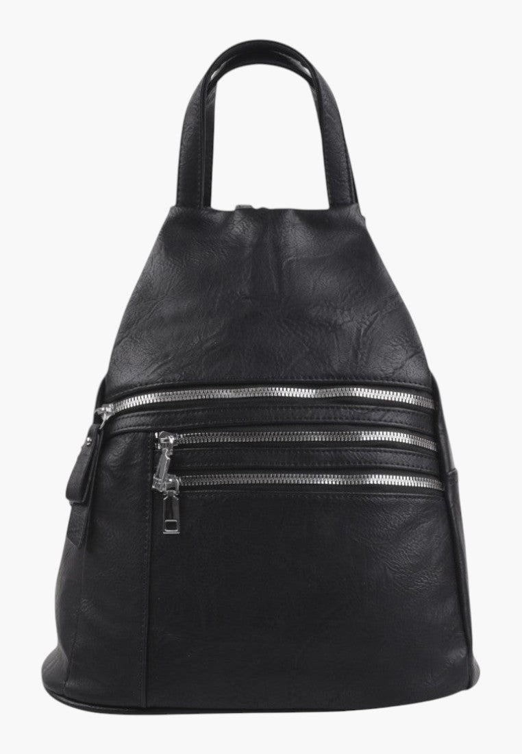 Falio black faux leather urban backpack with multiple silver zippered pockets and top handle