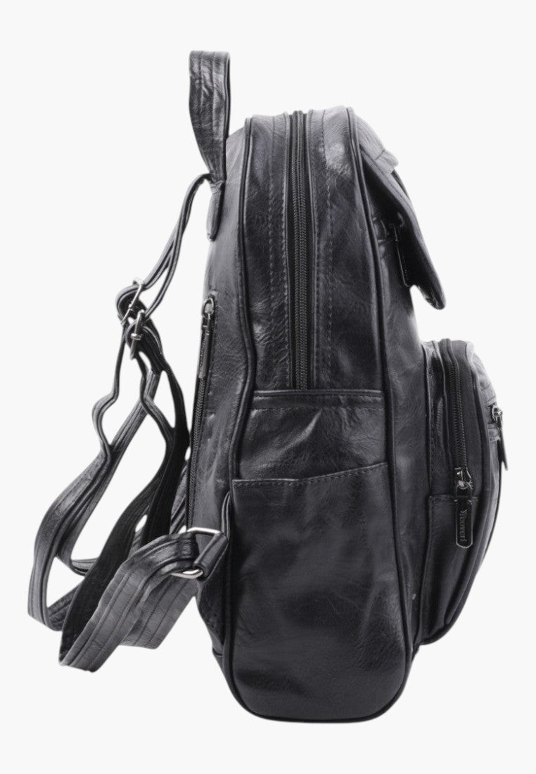 Falio black faux leather urban backpack with multiple zippered pockets and adjustable straps, side view