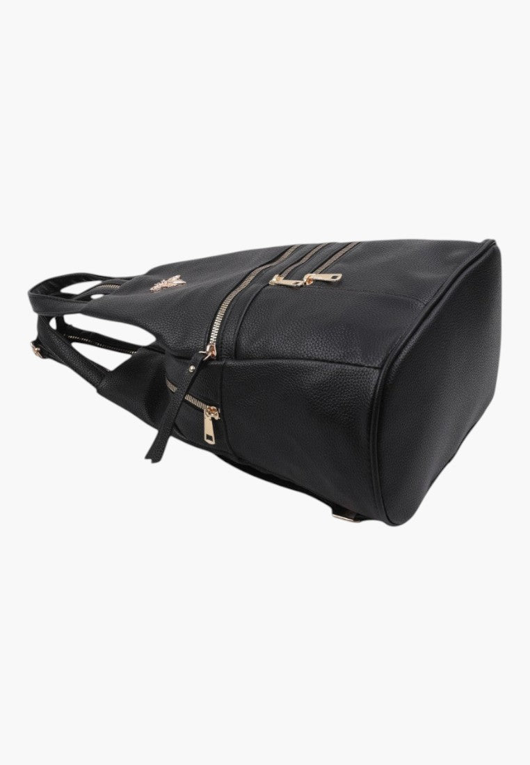 Falio small black faux leather urban backpack with gold zippers and textured finish
