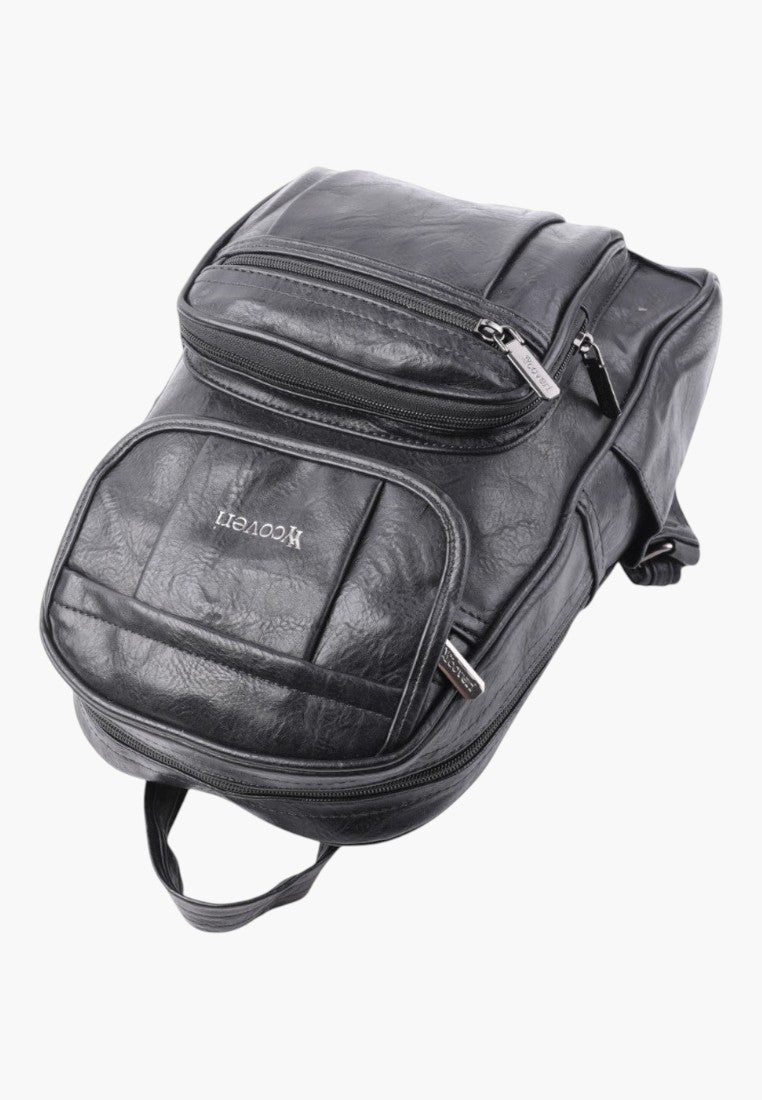 Falio black faux leather urban backpack with multiple zippered pockets and spacious main compartment