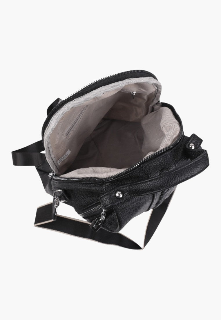 Falio black faux leather urban backpack with an open zippered main compartment and fabric lining