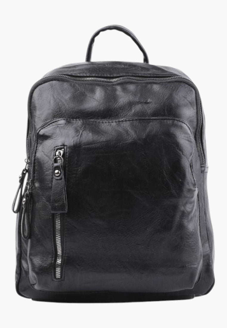 Falio black faux leather backpack with a front zippered pocket and top handle