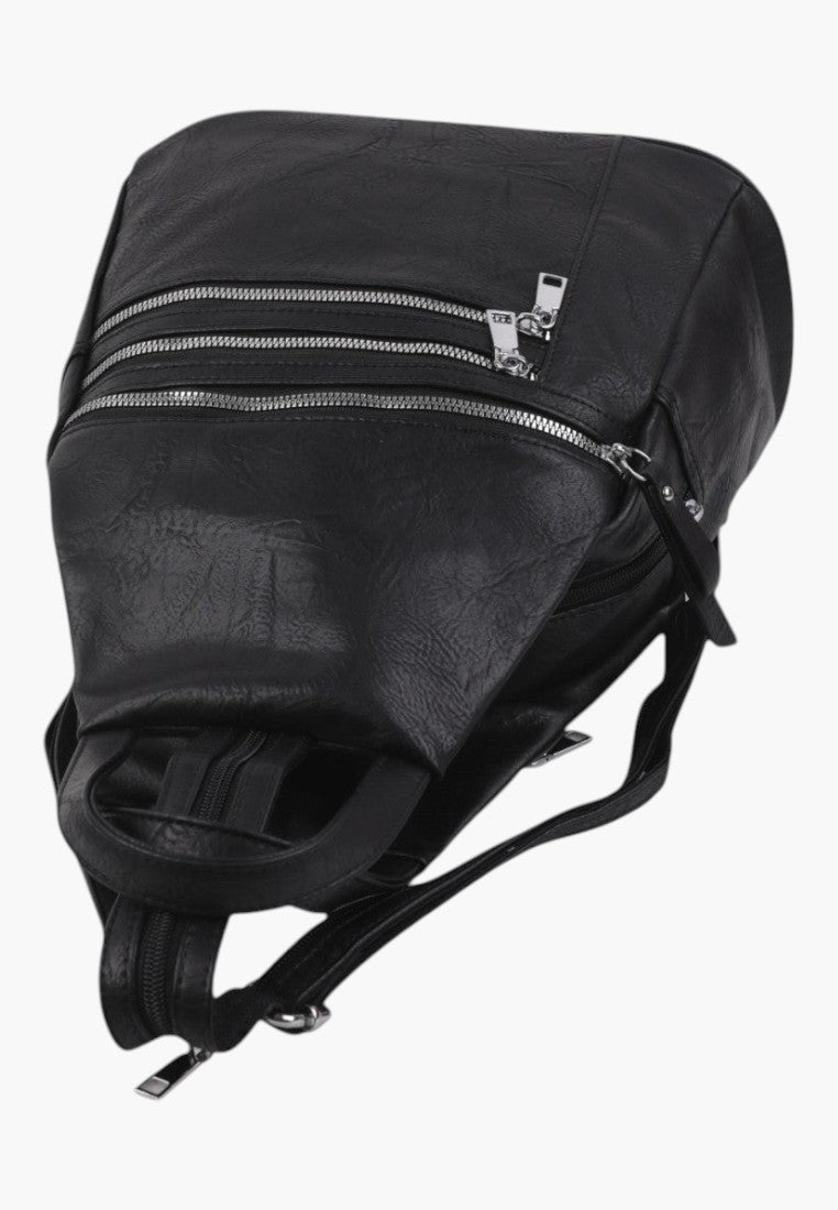 Falio black faux leather urban backpack with multiple zippered pockets and silver hardware
