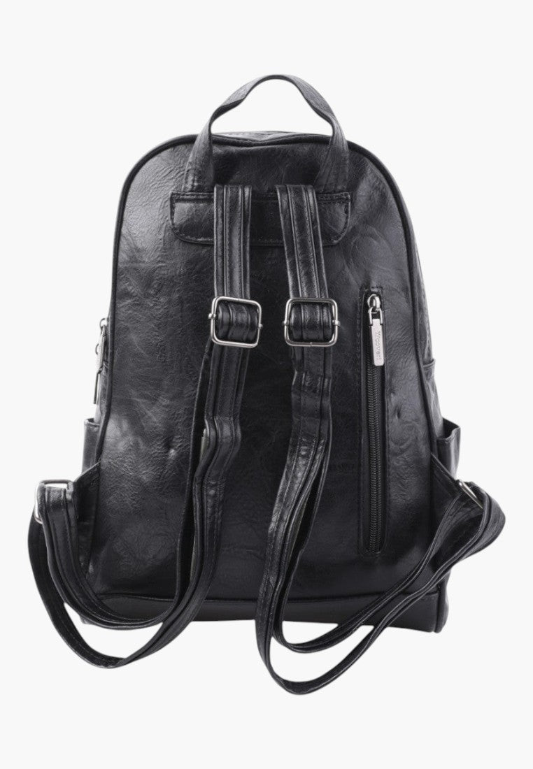 Falio black faux leather urban backpack with adjustable straps and a secure back zipper pocket