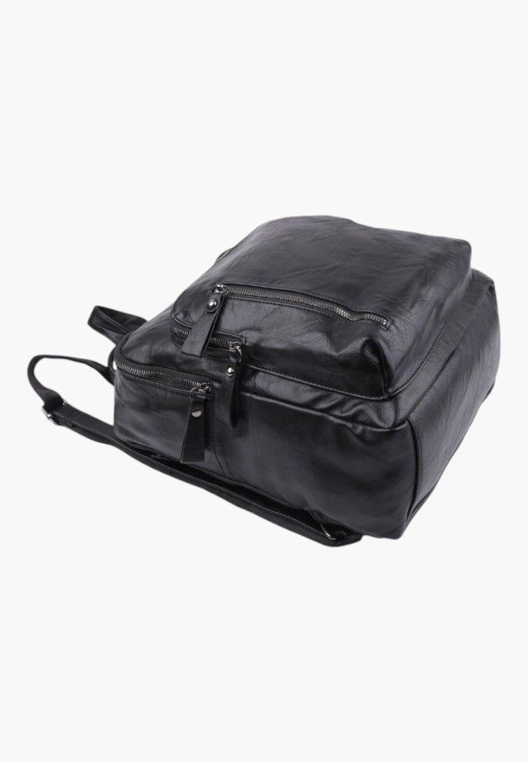 Falio black faux leather backpack with multiple zippered compartments and adjustable straps