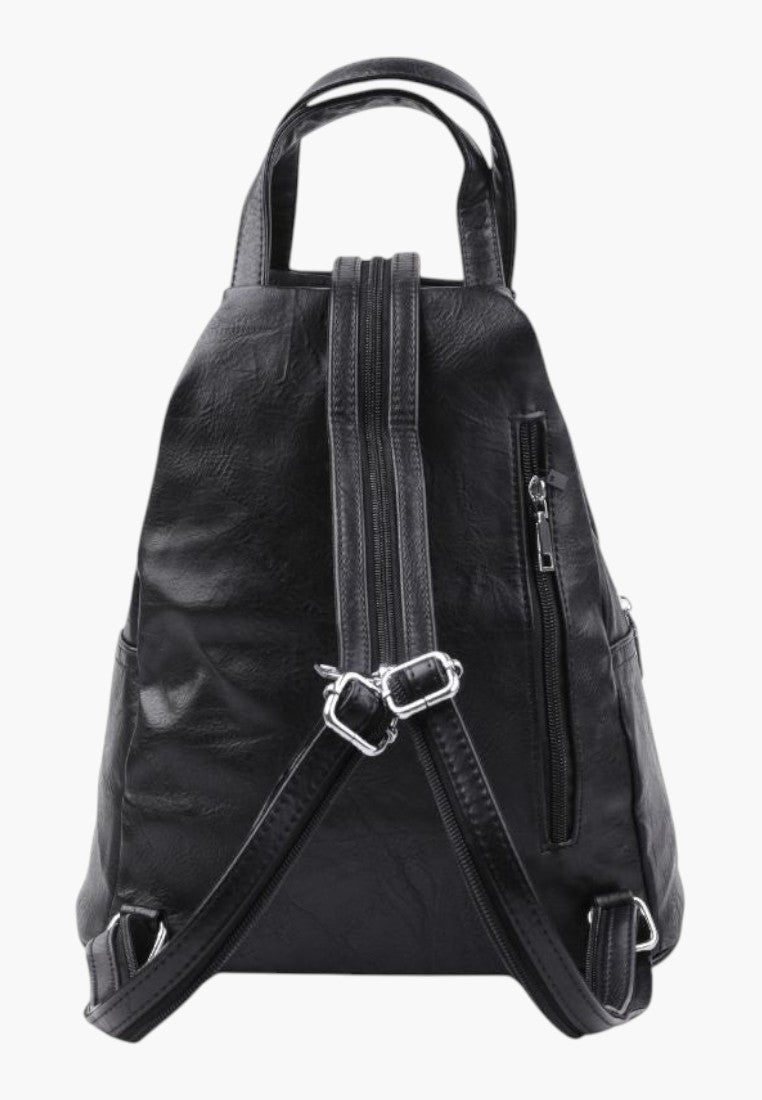 Falio black faux leather urban backpack with A4 capacity, multiple zippered pockets, and adjustable straps.