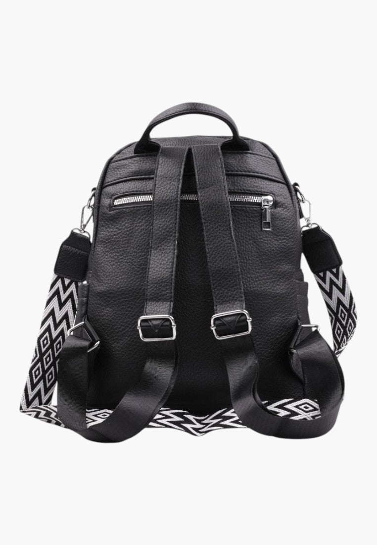 Falio women's black faux leather urban backpack with patterned straps and multiple zippered pockets