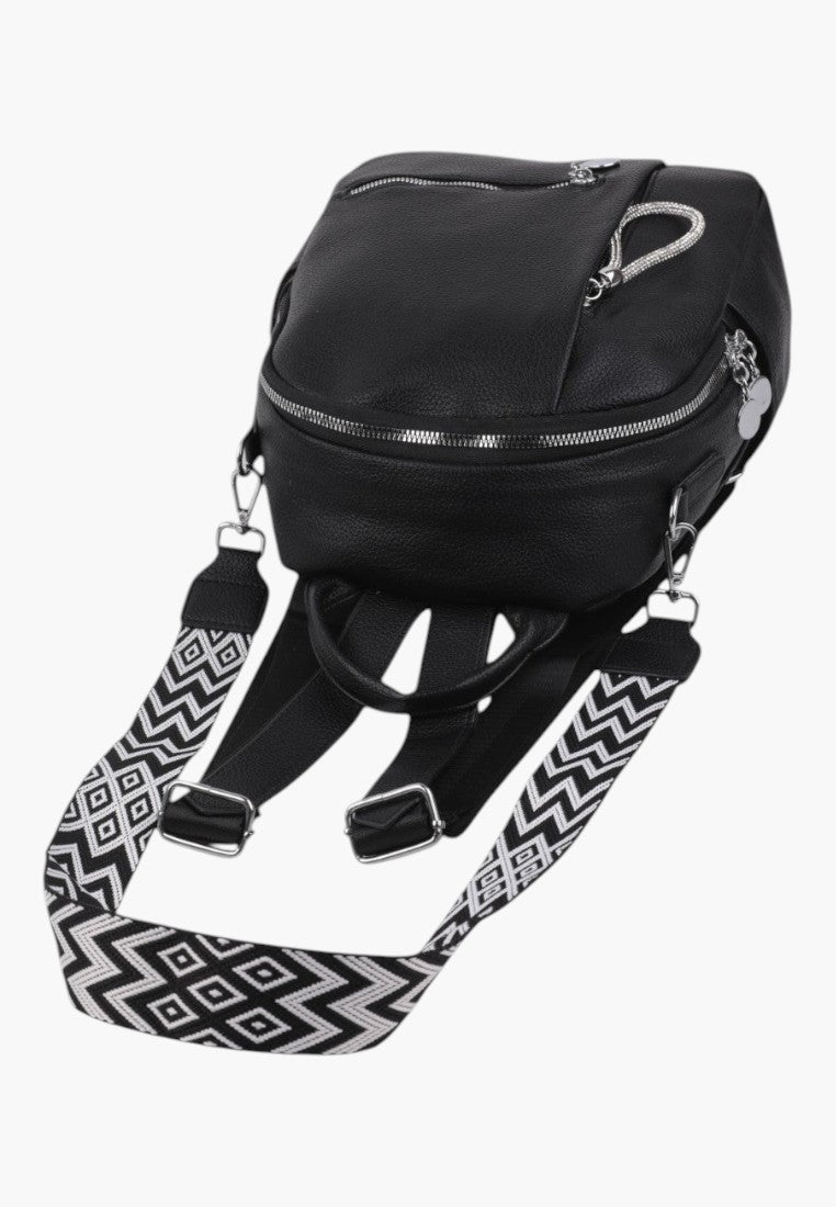 Falio black faux leather urban backpack with patterned straps and silver zipper details