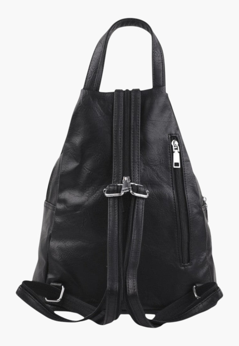 Falio black faux leather urban backpack with multiple zippered pockets and adjustable straps for daily use