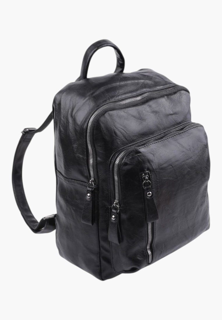 Falio black faux leather backpack with multiple zippered compartments and adjustable shoulder straps