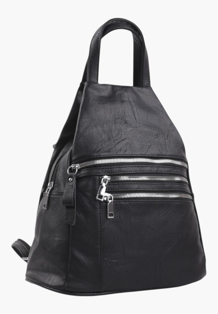 Falio black faux leather urban backpack with multiple silver zippered pockets and a top handle