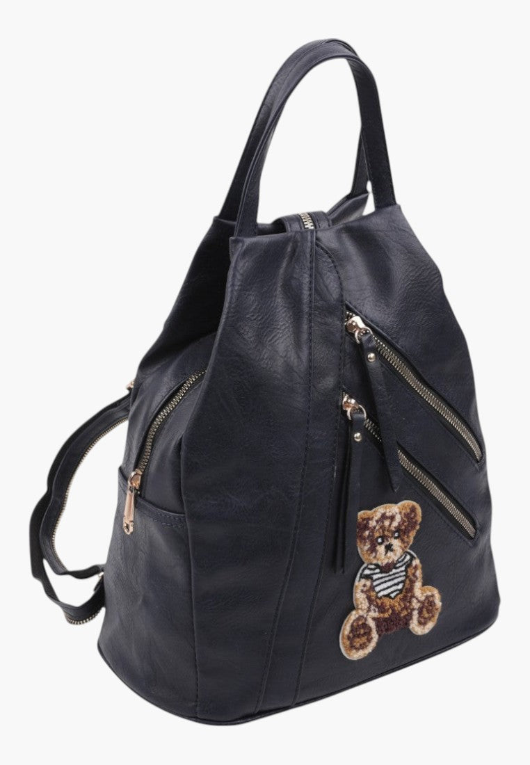 Falio black faux leather urban backpack with multiple zippered pockets and a cute teddy bear patch