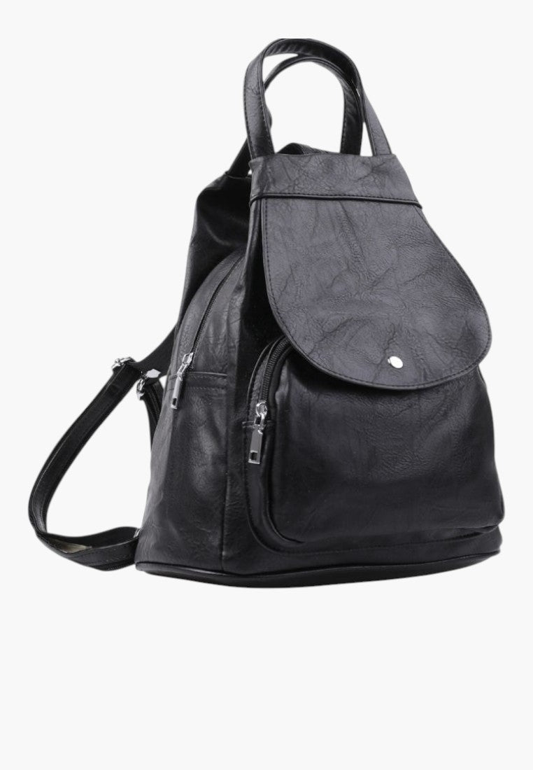 Falio black faux leather urban backpack with multiple zippered pockets and A4 capacity for daily use