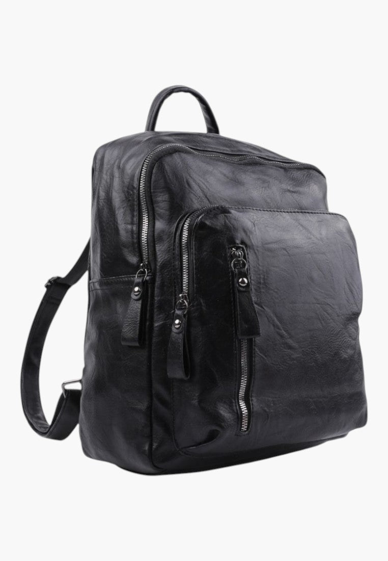 Falio black faux leather backpack with multiple zippered compartments and a top handle