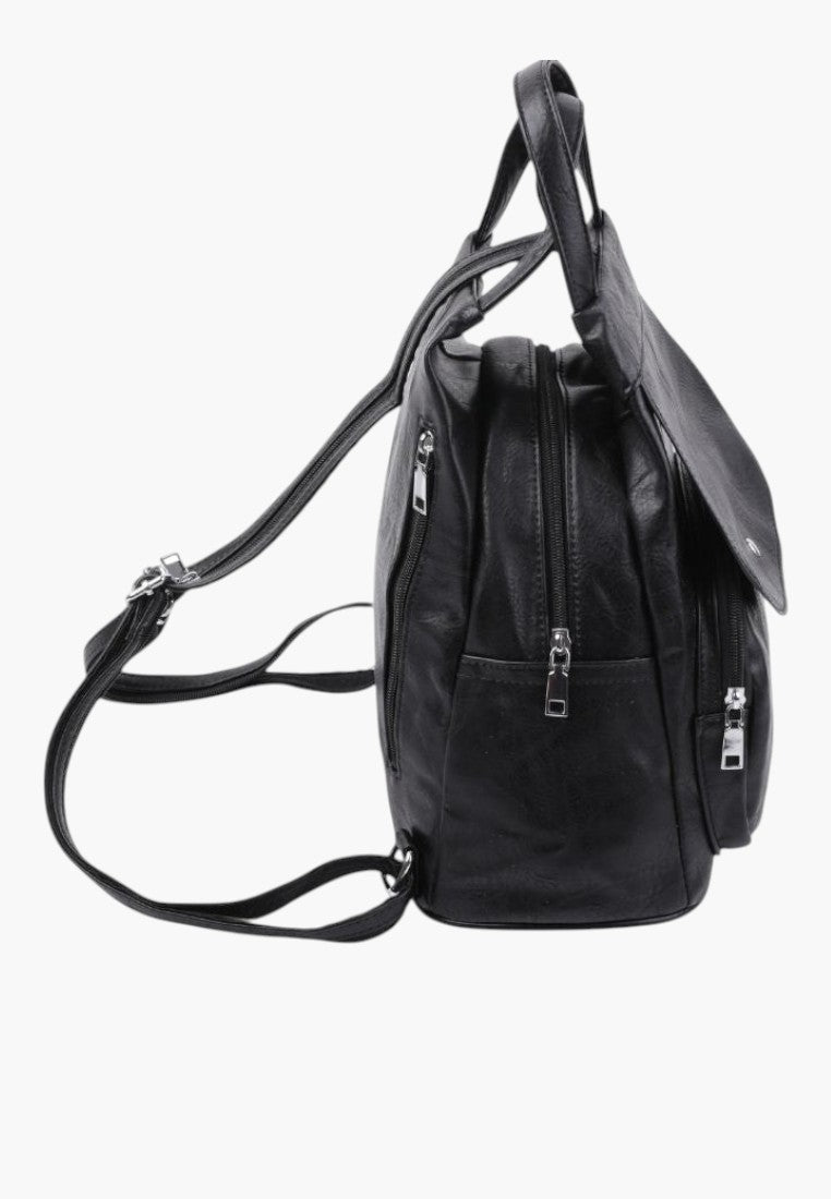 Falio black faux leather urban backpack with multiple zippered pockets and A4 capacity, side view