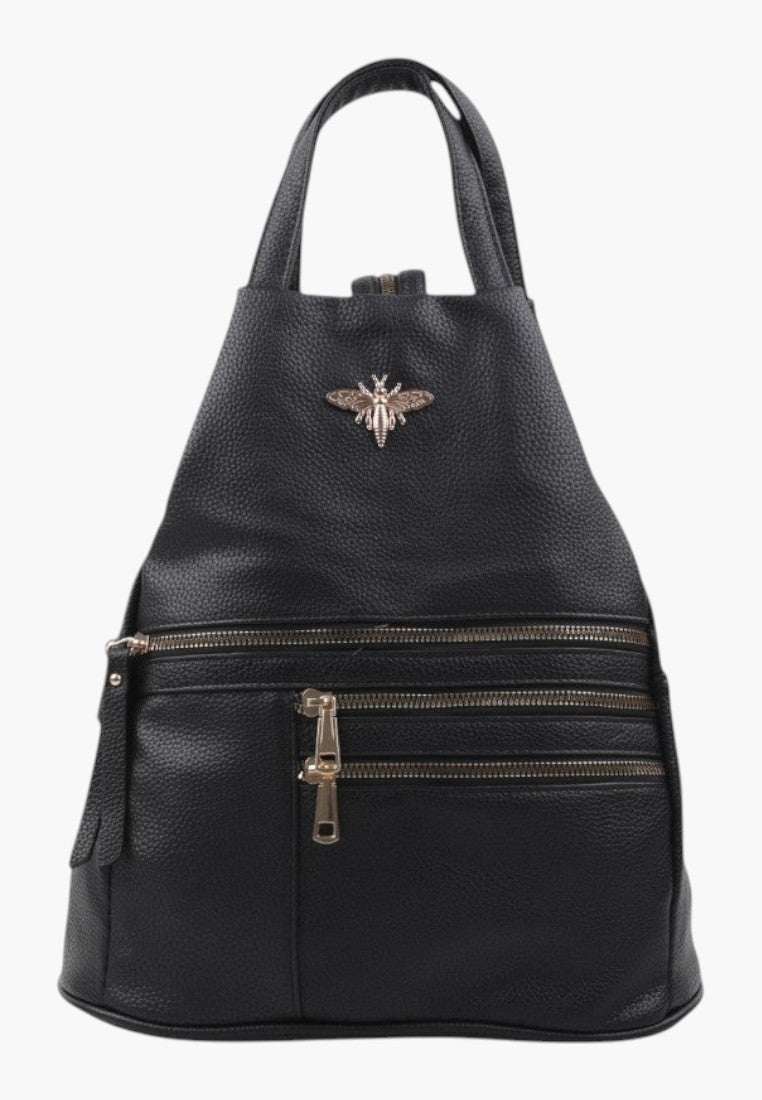 Falio black faux leather city backpack for women with a gold bee emblem and multiple front zipper pockets