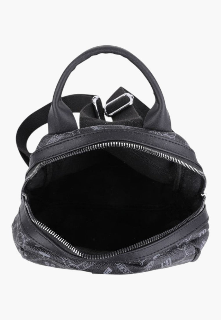 Falio black faux leather city backpack with patterned design, top handle, and zippered main compartment