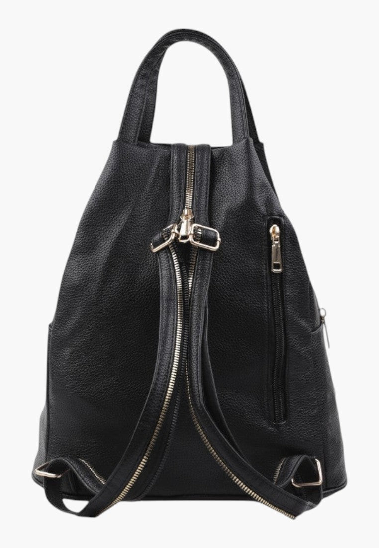 Falio black faux leather women's city backpack with vertical front zipper and top handle