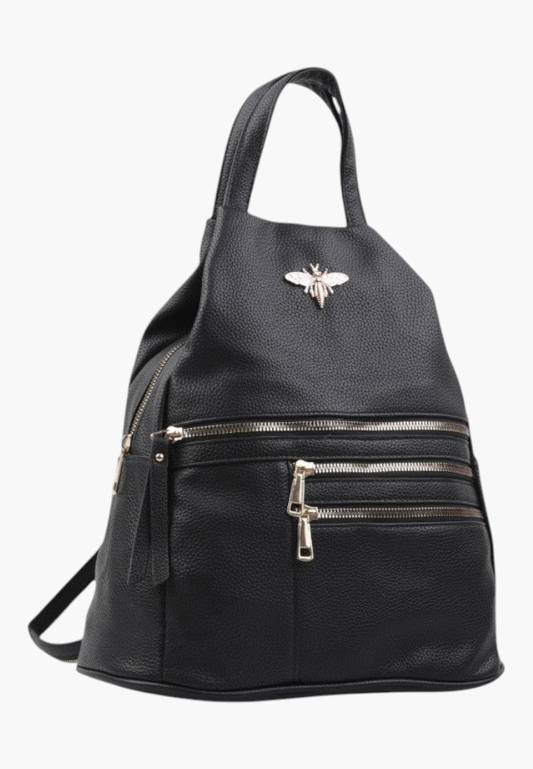 Falio black faux leather city backpack with a gold bee emblem and multiple zippered pockets