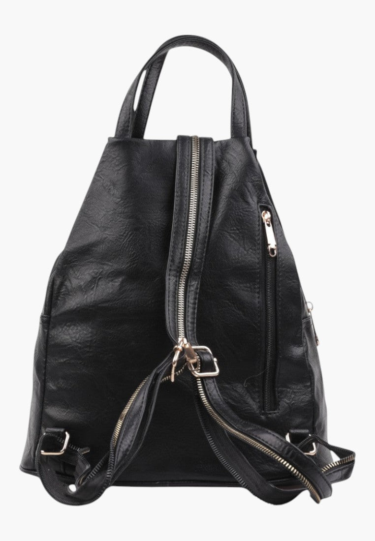 Falio small black faux leather city backpack with multiple zippered pockets and adjustable straps