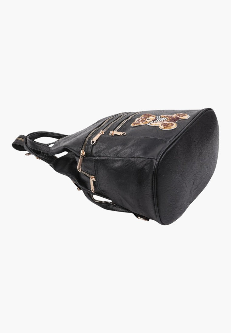 Falio small black faux leather city backpack with multiple zippered pockets and a decorative bear patch